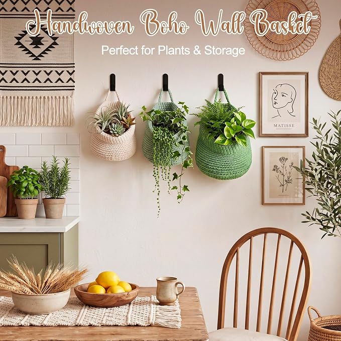 Honeydak Boho Decor Hanging Wall Baskets for Kitchen 3 Pack Teardrop Baskets with Hooks Storage Fruit Onion Vegetable Potato for Home 3 Sizes(Sage Color Palette,Barrel,Cotton Rope)