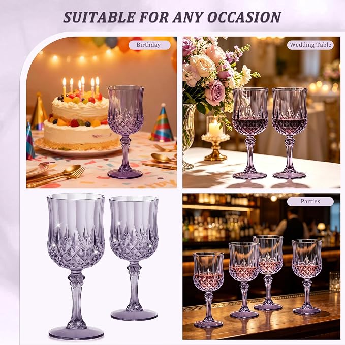 7OZ Plastic Wine Glasses, Reusable Vintage Goblets Unbreakable Drinking Glasses Crystal Water Cups Champagne for Wedding, Parties (12, Dark Purple)