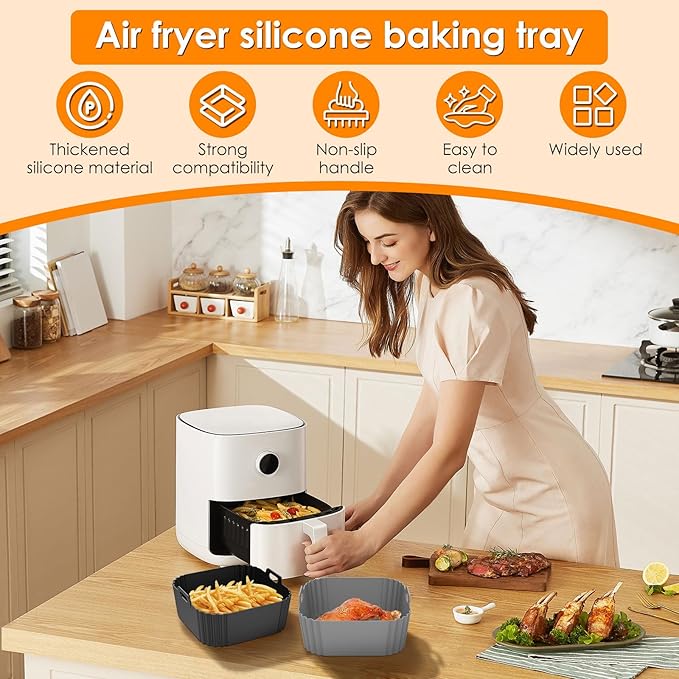4 Pack Silicone for 5-8QT, 8 Inch Square Reusable Non-Stick Basket Inserts Fit for Air Fryer Pro XL AF141 AF142 AF181 AF182, Pot Oven Liner Baking Tray Air Fryer Accessories