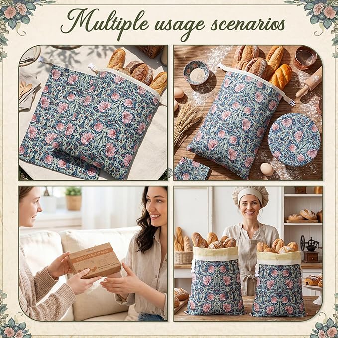 Reusable Beeswax Bread Bags for Homemade Bread Sourdough (2 Pcs 13x17in Bags + 10in Bowl Cover) Floral Cotton 100% Natural Beeswax Coating, Plastic-free Food Storage Wrap(Blue Flower)