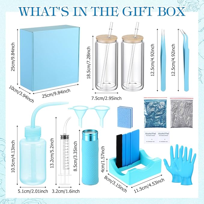 Baderke 20 Pcs Snow Globe Tumbler DIY Kit 16 oz Tumbler Squeeze Bottle, Glitter, Funnel Tweezer Silicone Cup Cradle Measuring Cup Glove Flashlight Buffer for Beginner(Blue,Classic)