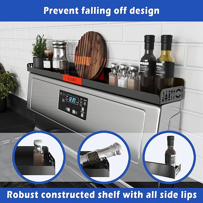 STUTOV 30" Magnetic Stove Top Shelf – Black Spice Rack with Red Logo and Seasoning Organizer – Kitchen Shelf for Back of Stove – Over Stove Rack and Storage Organizer