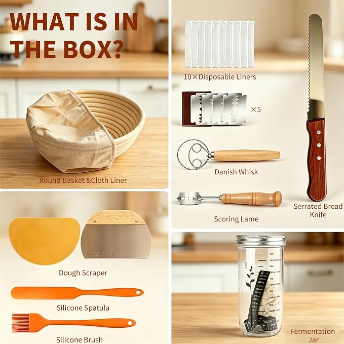 Sourdough Tools Kit, Sourdough Bread Baking Supplies, 9" Round Banneton Bread Proofing Basket, Starter Jar, Ideal Gifts for Bakers Women Mom Wife