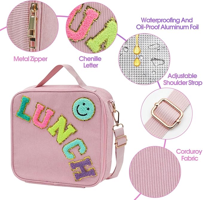 Girls Lunch Box with Bento, Bento Box with 4 Compartment, with Leak Proof Thermo Food Jar, Preppy Corduroy Insulated Lunch Bag for Girl Kids Teens School Travel Picnic, Pink