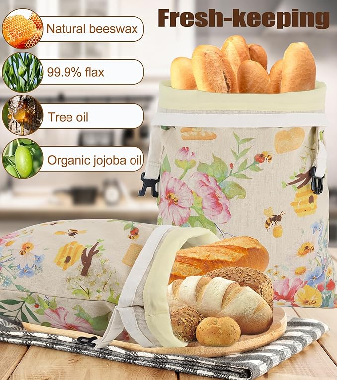 2Pack Beeswax Bread Bags for Sourdough and Homemade, Reusable Organic Linen Beeswax Bread Bag Eco-Friendly Fresh Food Storage, Moisture Lock– Freezer-Friendly-Includes A Replaceable Beeswax Liner
