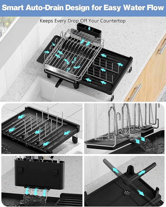 Expandable Dish Drying Rack, Dish Racks for Kitchen Counter, Stainless Steel 304, Flip-Top Retractable Plate, Multi-Directional Adjustable Dish Rack, Space Saving Large Drying Rack Kitchen, Black