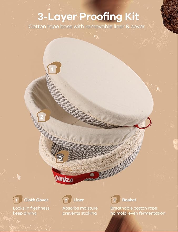 Ganiza 22-Piece Sourdough Proofing Basket Gift Set, Natural Cotton Rope | 9'' Round & 10'' Oval Banneton Basket with Liners & Covers, Easy to Clean, Sourdough Starter Kit with Recipe for Bread Baker