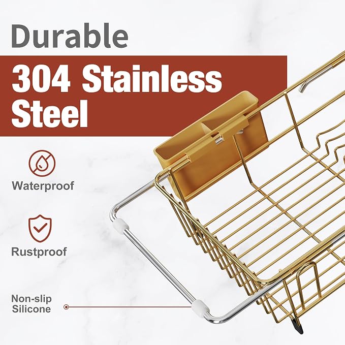 JASIWAY Gold Dish Drying Rack in Sink with Mat, Expandable Stainless Steel Dish Drainers for Kitchen Counter, Space Saving Dish Dryer for Inside Sink, Over Sink Dish Racks with Utensil Holder