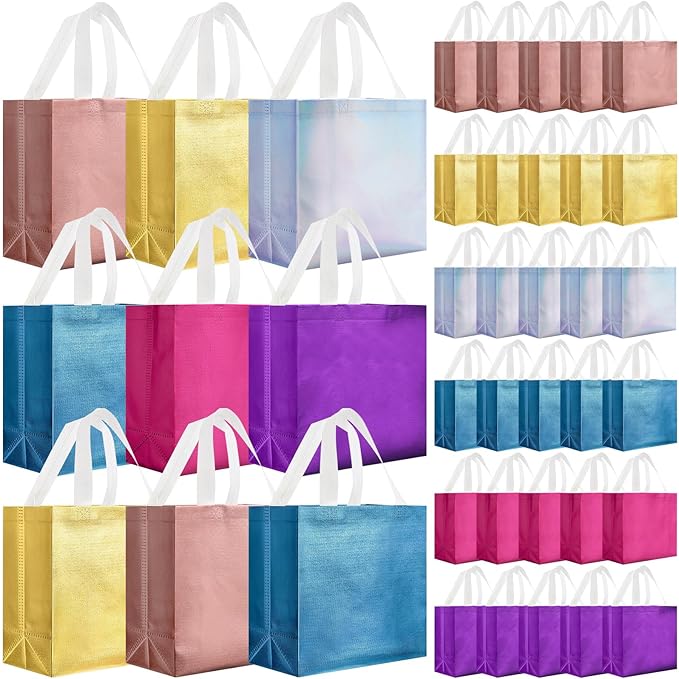 Eccliy Reusable Gift Bags Set Glossy Grocery Gift Tote Bag with Handle for Wedding, Bridal Shower, 4th of July, Summer Event(12 x 11 x 4.7 I Inch,Colorful,80 Pcs)