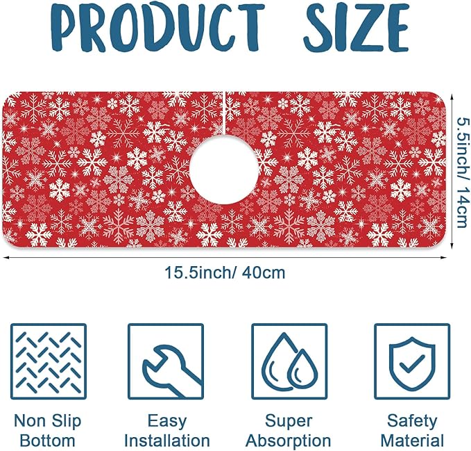 Christmas Merry Xmas Sink Splash Guard Santa Claus Faucet Absorbing Mat Fast Drying Mat Sink Gadgets Splash Guard Behind Faucet Drip Catcher for Kitchen Bathroom, 15.5"x5.5"
