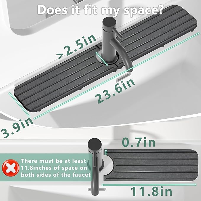 NiuYichee 23.6inch x 4inch Kitchen Sink Faucet Mat, Water Absorbing Stone Faucet Splash Guard for Bathroom Counter, Quick Drying Diatomite Tray for Kitchen Sink, Dark Gray