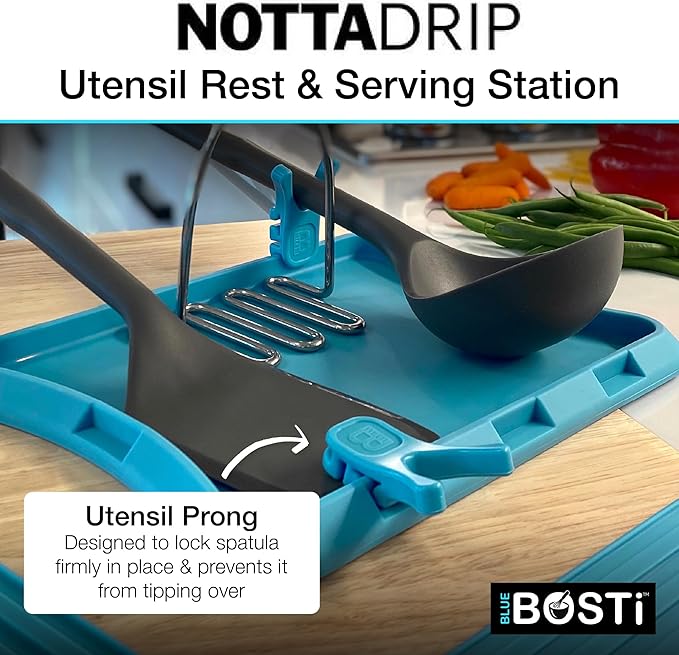 Nottadrip Silicone Spoon Rest for Stove Top - Kitchen Spoon Rest for Countertop, Ladle Holder, All in 1 Serving Station, Elevate Handles, Drip to Tray, Mess Free - 5PC Trivet Set - Blue