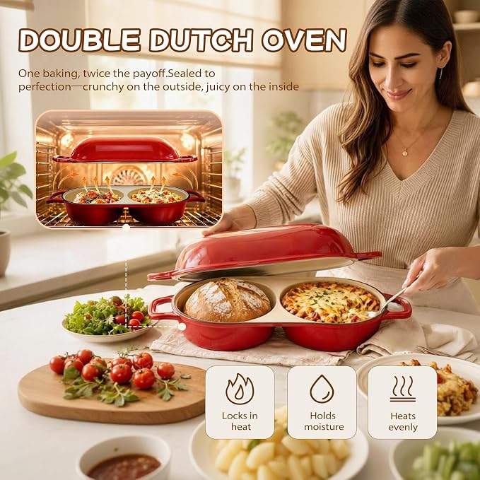 Mini Double Dutch Oven for Sourdough Bread Baking – Enameled Cast Iron Bread Pan with Lid, 500°F Oven Safe Non-Stick, Dual Round Loaf Space (6inch Diameter), Bake Two Different Loaves at Once, Includes 2×5" Banneton Proofing Baskets (Red)