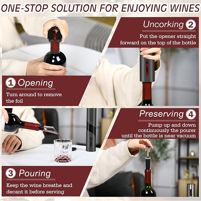 6-in-1 Electric Wine Bottle Opener Set, Cordless Rechargeable Wine Opener with Charging Base, Foil Cutter, Aerator Pourer & Stopper - Perfect Wine Gift Set for Wine Lovers