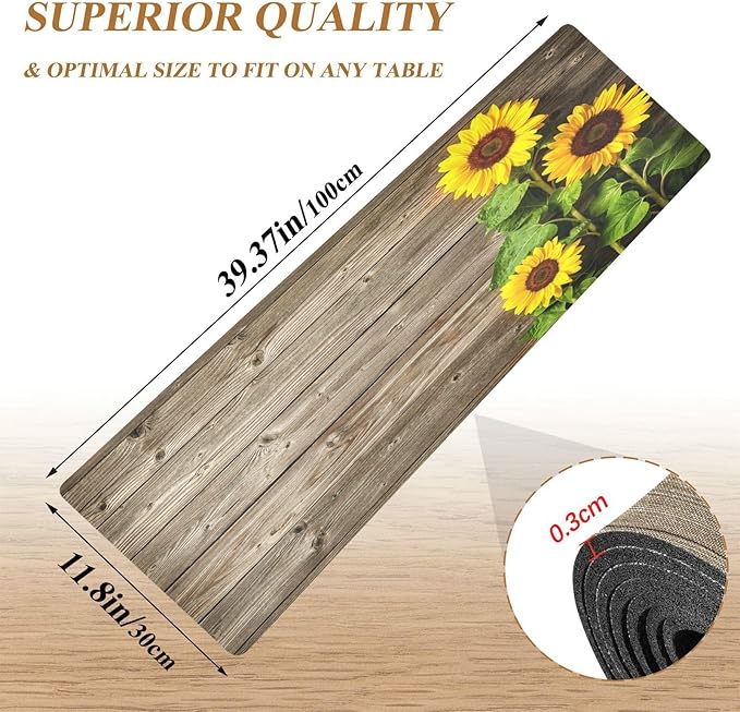 Autumn Yellow Sunflowers on Wooden Board Trivet Table Runner 40 Inches Long Trivet for Hot Pots and Pans/Hot Dishes,Table Protector Heat Up to 230F, Decorative Hot Plates Mat for Kitchen Countertop