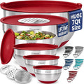 Priority Chef 6pc Stainless Steel Mixing Bowls with Lids Set, 7 Qt, Red | 6pc Non-slip nesting bowls 1-7 qt, 3 graters & interior measurement marks; for meal prep, baking & airtight fridge storage