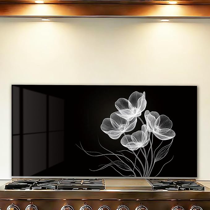 LMSDYSHU Tempered Glass Backsplash for Kitchen, Black line stripes, Frameless, Stove Backsplash Protector for Wall,Easy to Clean, Home Decor (30"x14")