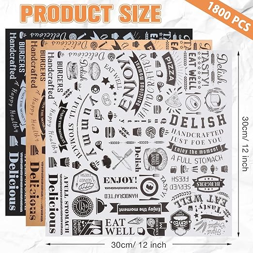 Outus 1800 Pcs 12 x 12 Inch Deli Wax Paper Sheets Grease Resistant Tray Basket Liner Newsprint Paper Water and Grease Proof Sandwich Wrapping Square Hot Dog Wrapper for Food Baking (White,Black,Brown)