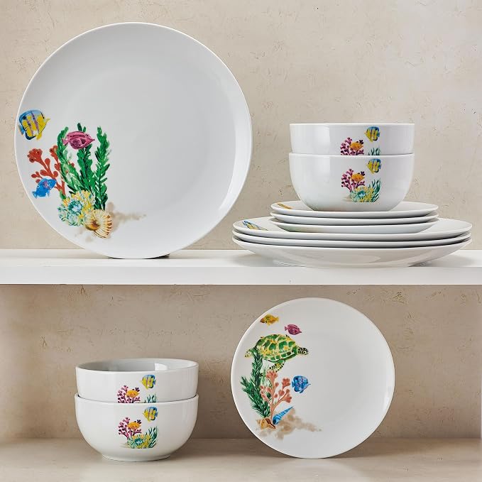 Studio Nova Coastal Ocean Underwater Life 12 Piece Dinnerware Plate Bowl Set, Service for 4
