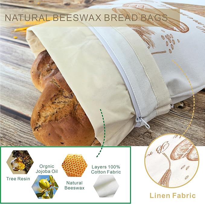 F.Y.Dreams Reusable Linen Beeswax Bread Bags (2-Pack,12"x17") for Homemade Bread, Sourdough, and Loaf