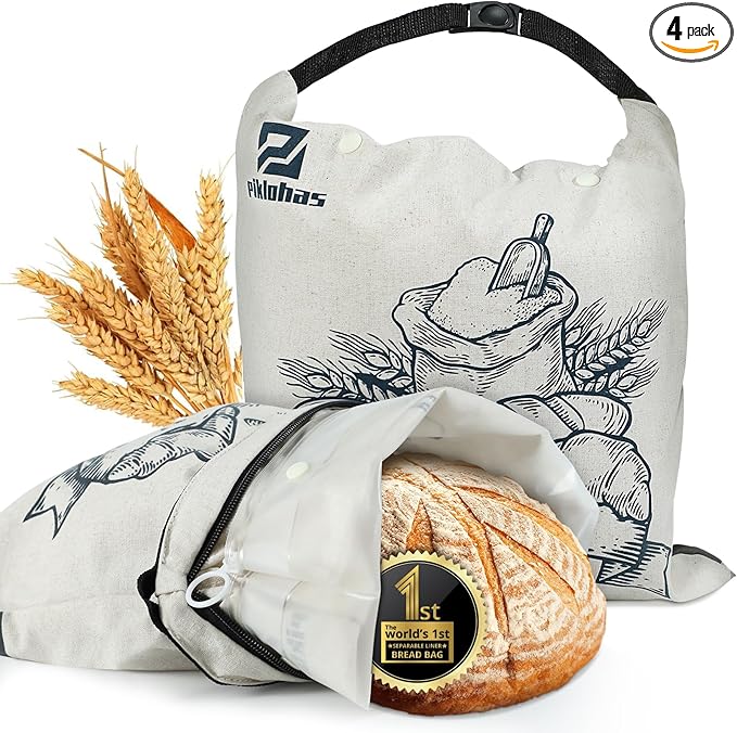 Piklohas Sour Dough Bread Bags, 2 Sets Detachable Bread Storage for Homemade Sourdough, Reusable Linen Food Storage with Lining & Triple Lock for Fresh Keeping, BPA Free, Christmas Bread Maker Gifts