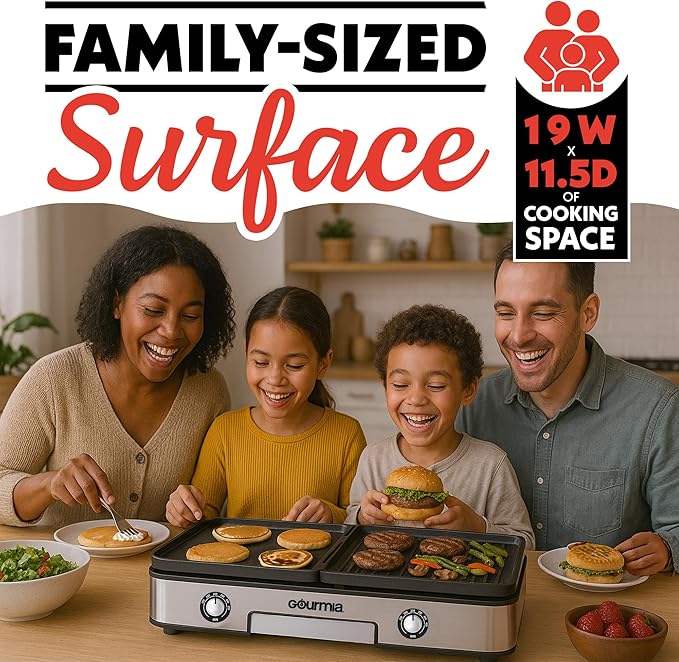 Gourmia 3-in-1 Indoor Grill & Griddle Electric Combo – Dual Independent Cooking Zones, Reversible Nonstick Ceramic Plates, XL Cooking Surface, 250–400°F Adjustable Temp, Dishwasher Safe