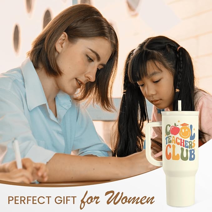 Cool Teacher Club Tumbler 40oz, Stainless Steel Insulated Coffee Travel Cup with Handle, Teacher Appreciation Gifts for Women, Teachers Gift for Valentines Birthday Farewell Christmas Teacher's Day