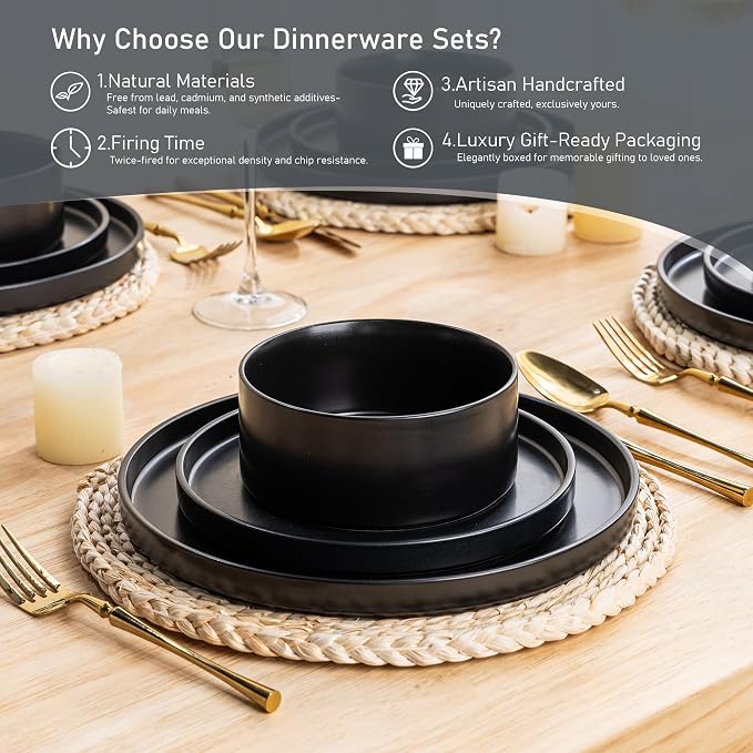 GBHOME Ceramic Dinnerware Sets of 4,Stoneware Plates and Bowls Sets,Chip and Crack Resistant | Dishwasher & Microwave Safe Dishes Set,Scratch Resistant- Service for 4 (12pc)-Matte Black
