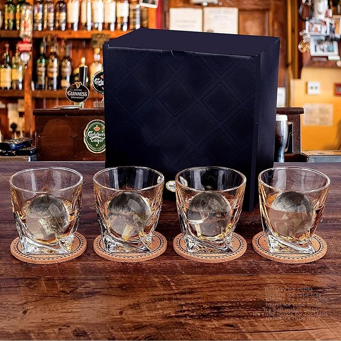 Whiskey Ice Cubes Mold,2 x 8 PCS x 1.8 inch Whiskey Ice Cubes,Circle Ice Cube Tray with Lid and Bin,Sphere Ice Ball Maker Mold,Round Ice Cube Mold for Cocktails,Whiskey