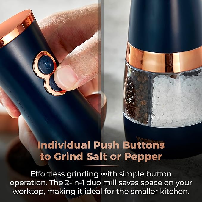 Tower T847004MNB Electric Salt and Pepper Mills, Battery Operated with Adjustable Ceramic Grinders, Midnight Blue and Rose Gold
