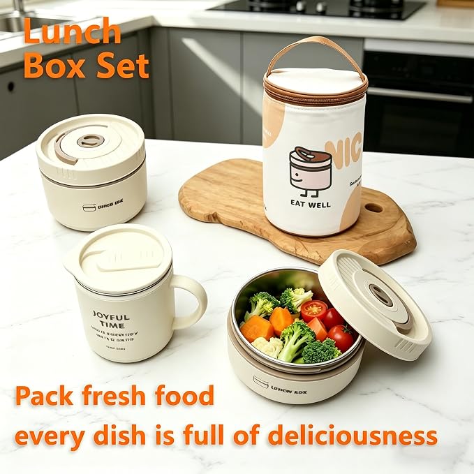 Insulated Lunch Box Set, 3-Piece Stainless Steel Bento Box with Lunch Bag, Coffee Mug, Fork & Spoon, Leakproof Stackable Thermal Lunch Containers, Reusable Food Storage for Home, Office, Outdoor Use