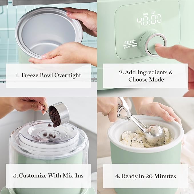 Martha Stewart Ice Cream Maker, 2 Quart Double-Insulated Freezer Bowl, Sorbet & Frozen Yogurt, Ready in 20 Minutes, Mix-Ins Chute, Easy to Clean, Honeydew Green