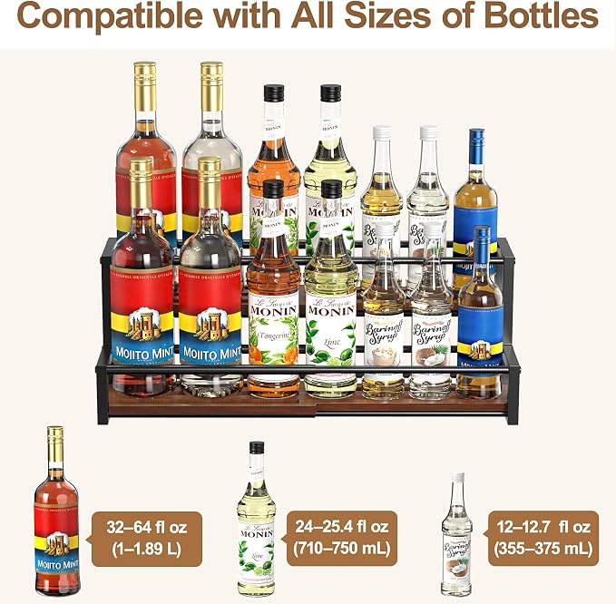 Expandable Coffee Syrup Organizer, Customized Width Syrup Rack & Bottle Holder for Coffee Bar Station (Wooden Base for All Bottle Sizes)