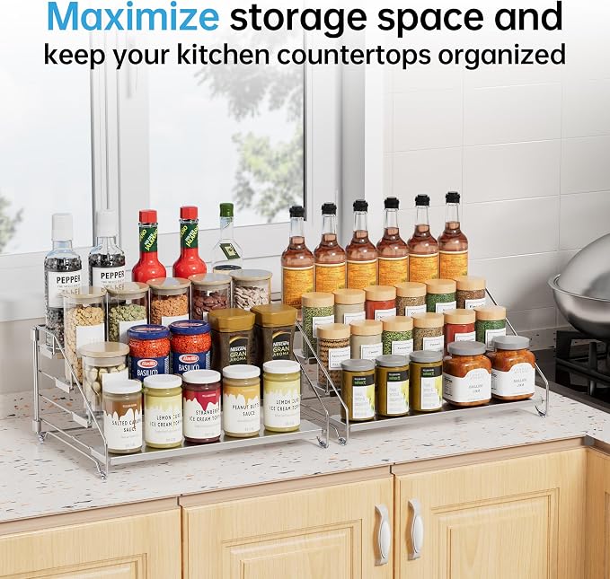 BOIVSHI Heavy Duty Spice Rack for Cabinet, Space Saving 4 Tier Spice Organization for Cabinet, Adjustable Depth Spice Shelf for Cabinet, Counter, Pantry - Chrome, 2 Pack