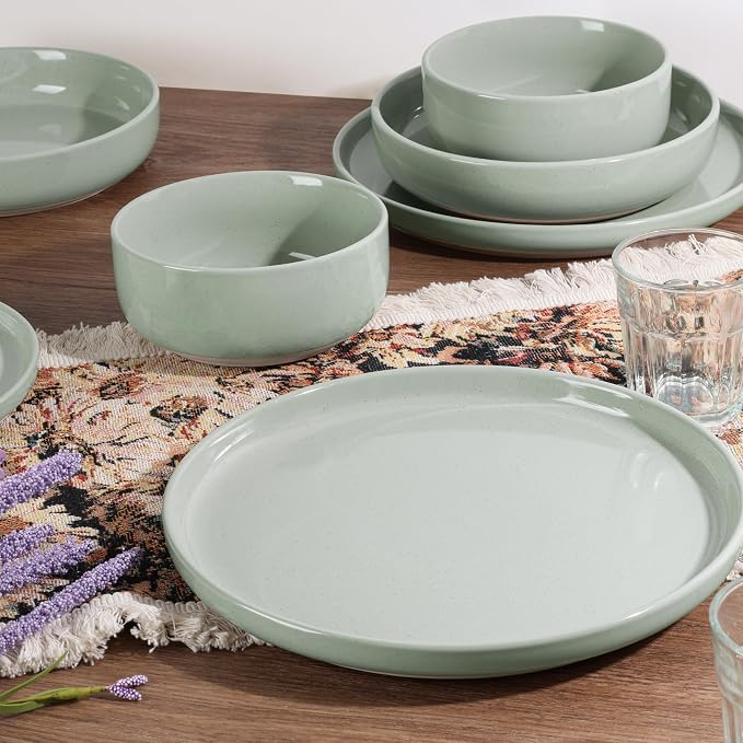 HaWare 24-Piece Plates and Bowls Set for 6, Stoneware Dinnerware Sets with Pasta Bowl, Dishes Set for Home Restaurant, Speckled Asparagus Green