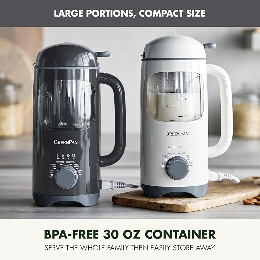 GreenPan 30oz Nut Milk Maker Machine, 15-in-1 for Homemade Almond, Oat, Soy, Coconut, Plant-Based Non-Dairy Beverages, Soups, BPA-Free Glass, Automatic Self-Clean, Delay Start, Gray