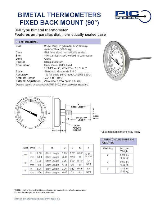 PIC Gauges B3B6-II SS Case Bimetal Thermometer, 316 SS Stem, Back Angle Connection, 3" Dial, 6" Stem Length, 0/250° F & -18/121° C Temperature Range