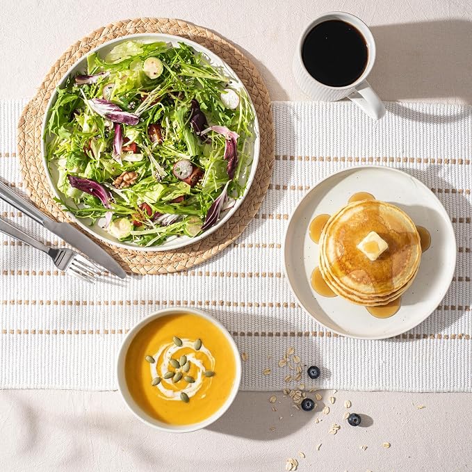 Ceramic Dinnerware Sets for 4-12 Piece Plates and Bowls Set, Microwave and Dishwasher Safe Stoneware, Ribbed Dishes and 22oz Bowls, Speckled White