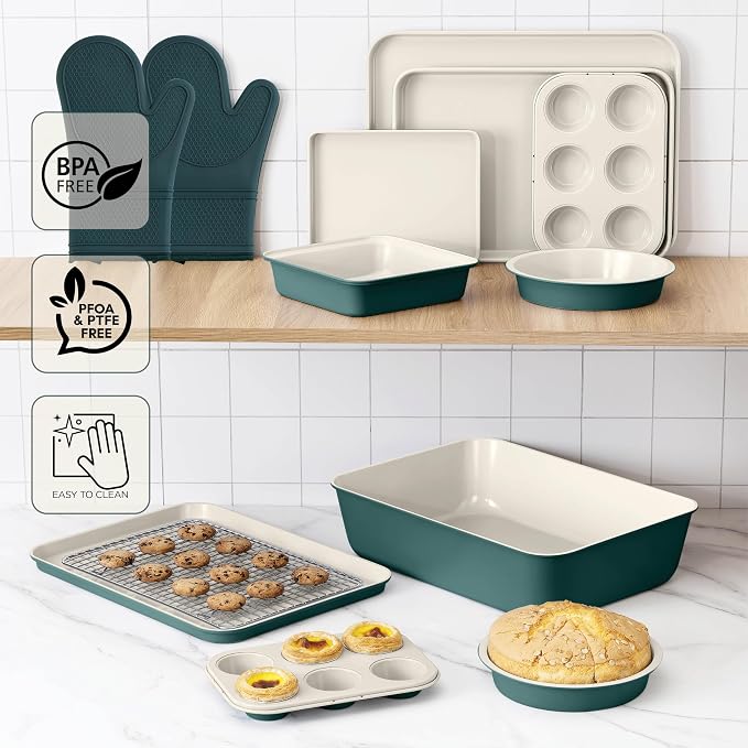 Country Kitchen Nonstick Stackable Bakeware Set - Deluxe Heavy Duty, Durable, Easy Release Baking Set, Sage, 13 Pcs