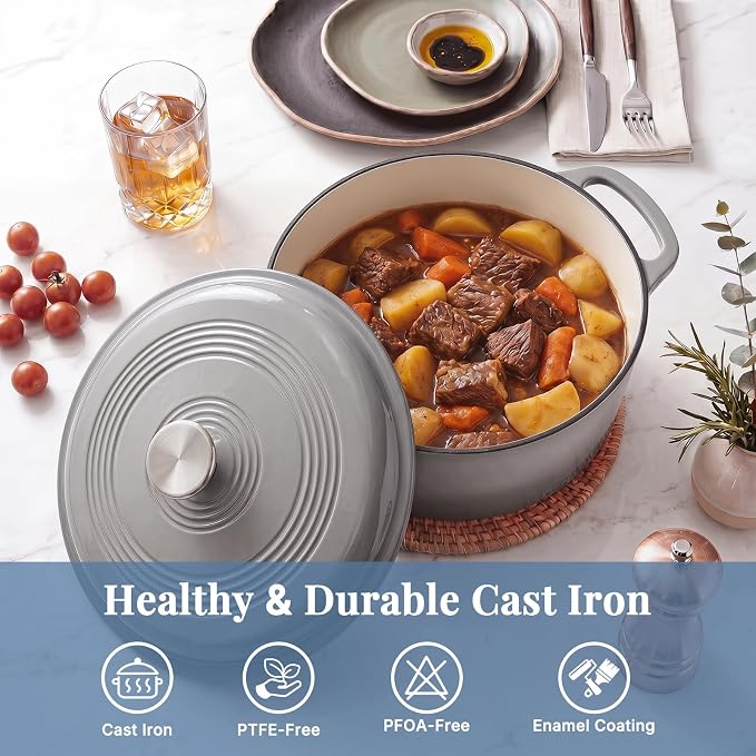 DUMOS Cast Iron Dutch Oven, 6 Quart Pot with Lid, Enameled Heavy Duty Cookware, Oven Safe to 500°F, Perfect for Bread Baking, Braising, Stews and Roasting, Moisture Sealing Lid with Dual Handles, Grey