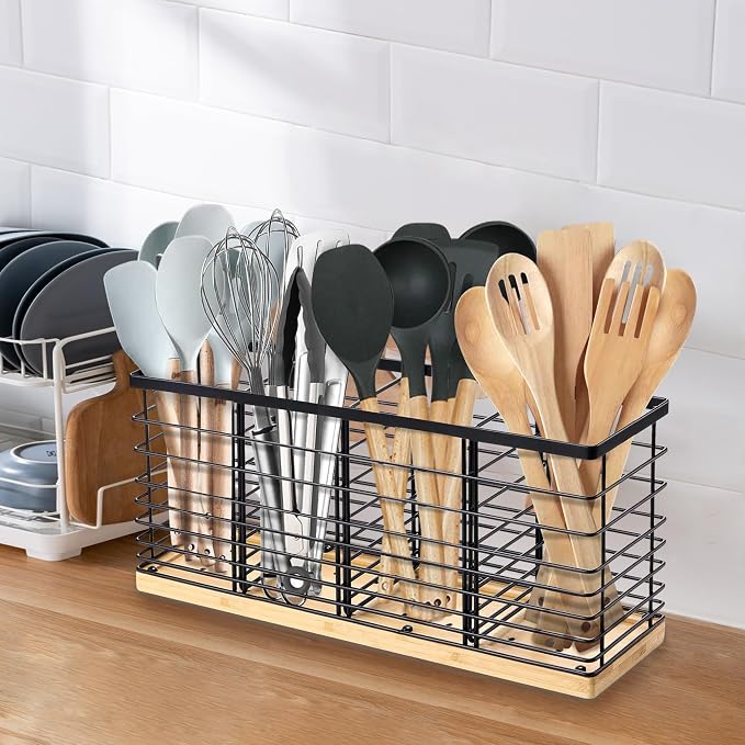 Suli Extra Large Kitchen Utensil Holder Countertop with 4 Compartments,Matte Black Metal holder with Wooden Base for Countertop,Farmhouse Utensil Organizer for counter,Rustic Cooking Utensil Organizer