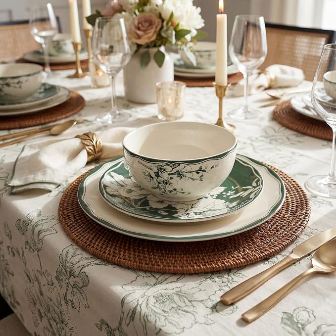 222 Fifth 12-Piece Porcelain Dinnerware Set for 4, White & Sage Green Plates and Bowls Set, Glossy Ceramic Dish Set with Detailed Floral Design, Microwave & Dishwasher Safe Dishes for Dining, Brittany