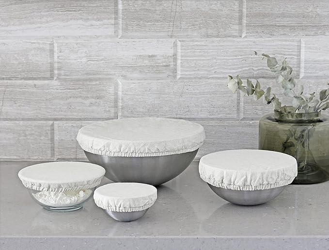 Organic Linen Bowl Covers - 8 Pack, 100% Linen Fabric Bowl Covers Set to Cover Fruits, Vegetables and Regulate Moisture - Elastic Closure for Salads, Bread & Leftovers (Off White)