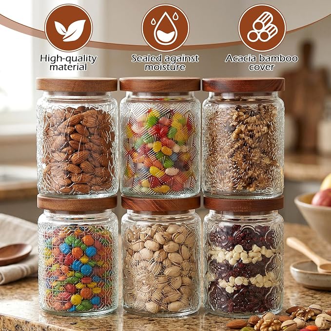 Sumind 6 Pcs Vintage Glass Jars with Wooden Lids 24 oz Airtight Glass Food Storage Containers Sets Clear Rustic Canisters Decorative Storage Jars for Spice Coffee Tea Candy Cereal Flour (Floral)