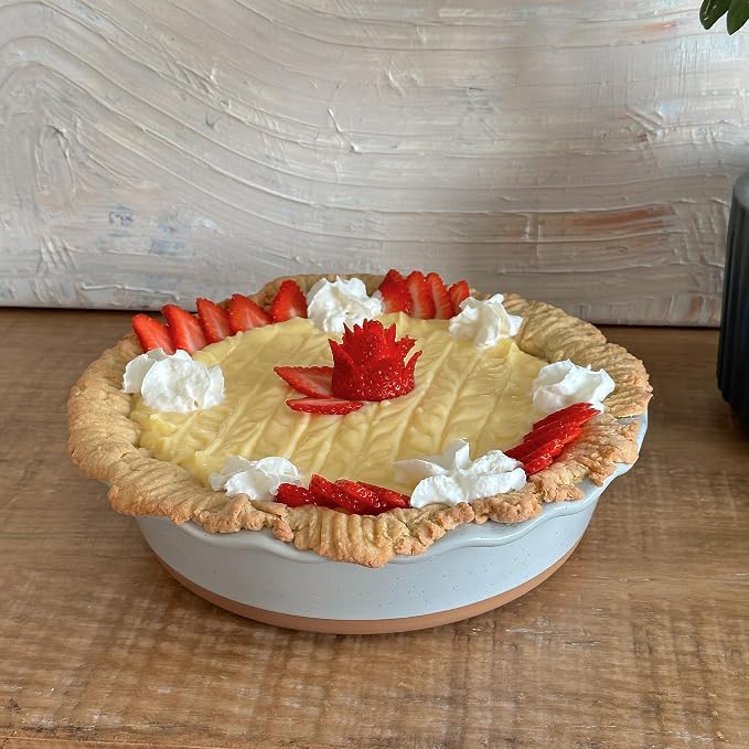 Mora Deep Fluted Ceramic Pie Dish for Apple Pie, Quiche, Tart - 9 inch - Modern Farmhouse Style Porcelain - Earl Grey