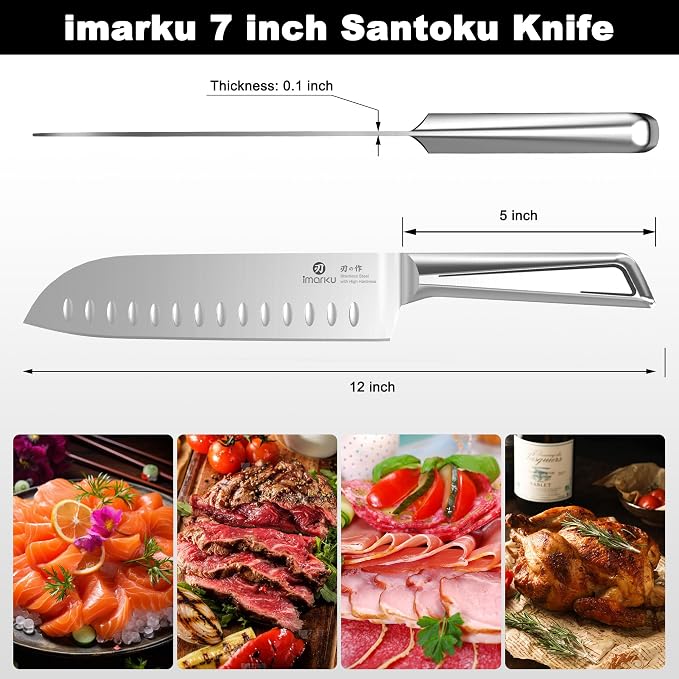 imarku Chef Knife Ultra Sharp Santoku Knife 7 Inch, High Carbon Stainless Steel Japanese Kitchen Knife with Hollow Edge | Seamless Ergonomic Handle, Gift Box for Meat/Vegetables/Tomatoes & Daily Prep