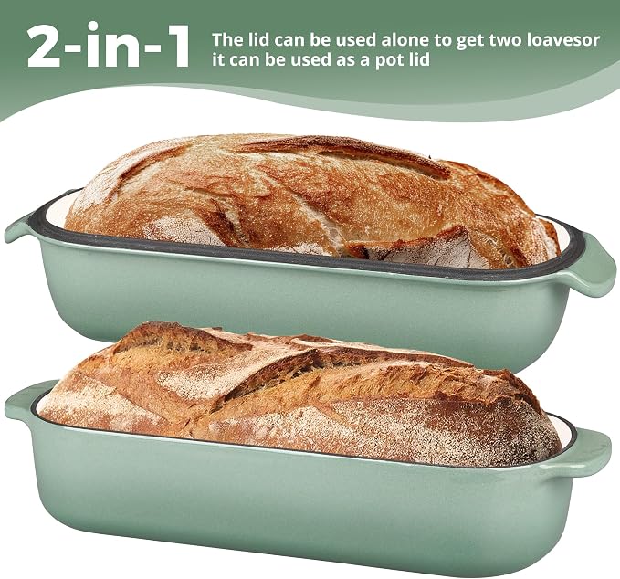 EDGING CASTING Enameled Cast Iron Loaf Pan with Lid, Bread pan, Dutch Oven Bread pan for Homemade Sourdough Bread Baking, 12.5x5.5 inch, 5qt, Sage Green
