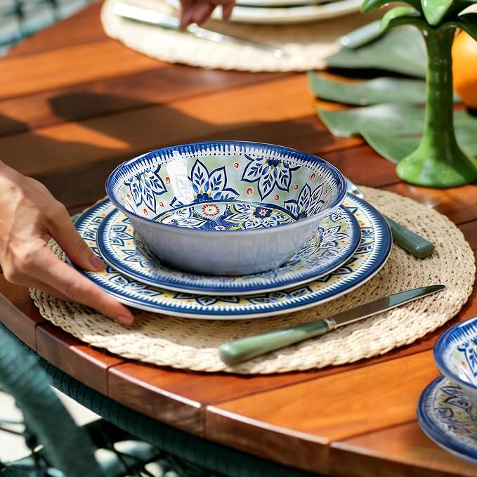 12-Piece Blue Melamine Dinnerware Set, Service for 4, Unbreakable Kitchen Plate and Bowl Set for Indoor & Outdoor Use, Lightweight and Durable, Great for Camping, Picnics, Parties and RVs