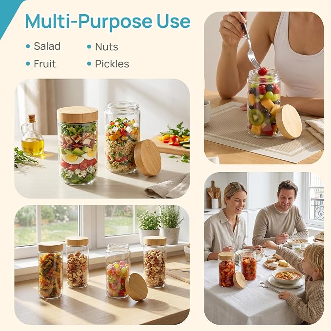 Vtopmart 6 Pack 24oz Glass Overnight Oats Containers with Bamboo Lids, Portable Wide Mouth Glass Jars Leak Proof, Reusable Glass Food Storage Containers for Yogurt Chia Pudding Salad Pickling Snacks