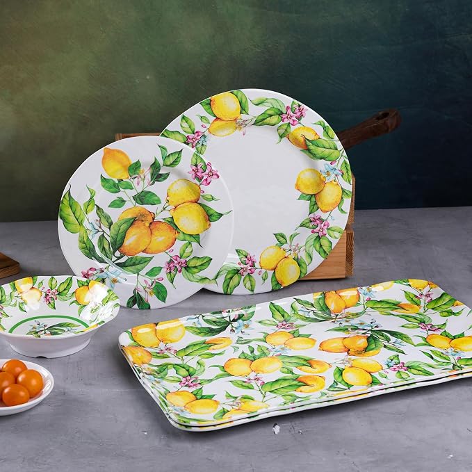 LEHAHA Lemon Melamine Dinnerware Dish Set – 12 Piece Indoor and Outdoor Plates and Bowls Sets for Everyday Use, Dishwasher Safe, Unbreakable Kitchen Dinner Set, Service for 4…